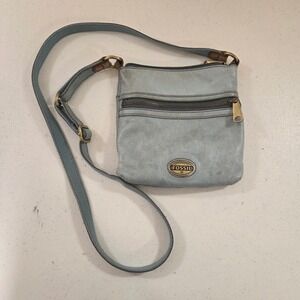 Fossil Light Blue Leather Small Crossbody Bag Adjustable Strap Brass Hardware